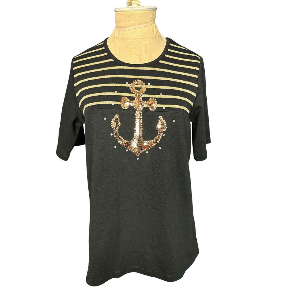 Quaker Factory Black  & Gold Embellished Nautical Top Short Sleeves Size XS